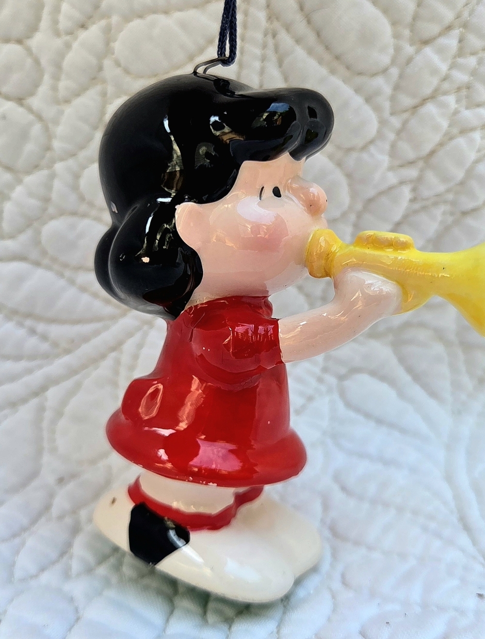 Vtg Japan Peanuts LUCY Horn Ceramic Christmas Ornament Snoopy's Band 3" 1952